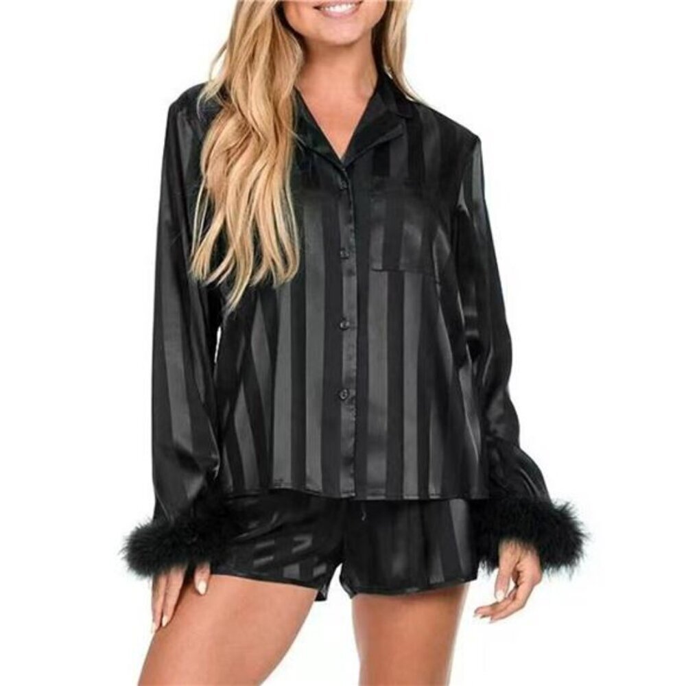 Striped Feather Trim Shirt and Shorts Lounge Set